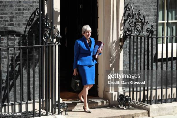 British Prime Minister Theresa May leaves Downing Street for her last PMQs as Prime Minister on July 24, 2019 in London, England. Theresa May has...