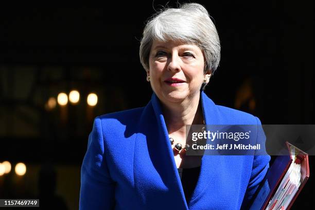 Prime Minister Theresa May leaves 10 Downing Street for her final PMQ's on July 24, 2019 in London, England. Theresa May has been leader of the...