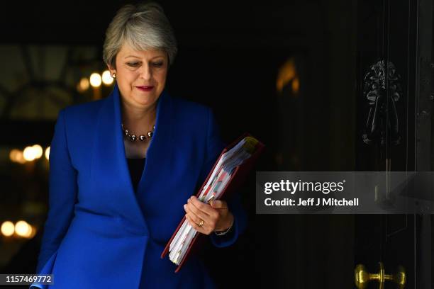Prime Minister Theresa May leaves 10 Downing Street for her final PMQ's on July 24, 2019 in London, England. Theresa May has been leader of the...