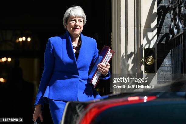 Prime Minister Theresa May leaves 10 Downing Street for her final PMQ's on July 24, 2019 in London, England. Theresa May has been leader of the...