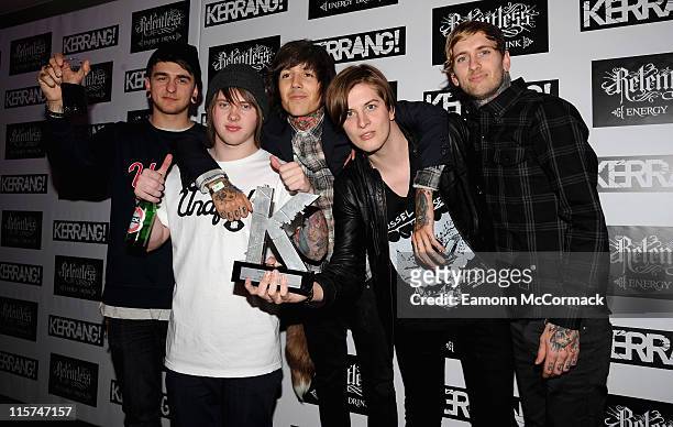 Bring Me The Horizon with their Best Album award during The Relentless Energy Drink Kerrang! Awards at The Brewery on June 9, 2011 in London, England.