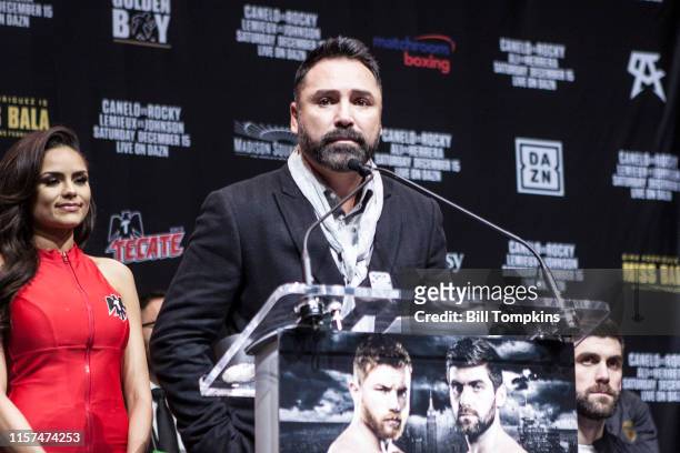 Oscar De La Hoya speaking to the media during the CANELO VS. ROCKY Final Press Conference at Madison Square Garden Dcember 13, 2018 in New York City .