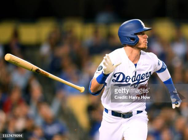 Cody Bellinger of the Los Angeles Dodgers reacts to his solo homerun, to take a 2-1 lead over the Colorado Rockies, during the fourth inning at...