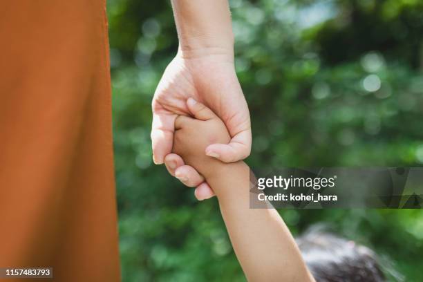 madre e figlia che si tengono le mani l'una dell'altra nel parco - darsi la mano foto e immagini stock