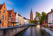 Beautiful view of Bruges (Brugge) old historical town on a sunset in Belgium