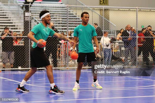 Christopher Jefferson and Jelani Winston play in the 2019 BET Experience Celebrity Dodgeball Game at Staples Center on June 21, 2019 in Los Angeles,...