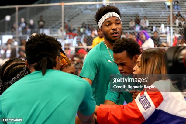 Christopher Jefferson, Jelani Winston, and Jamila Mustafa attend the 2019 BET Experience Celebrity Dodgeball Game at Staples Center on June 21, 2019...