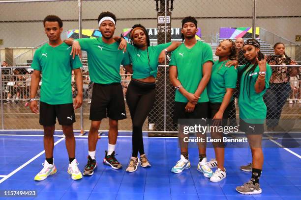 Jelani Winston, Christopher Jefferson, Karen Obilom, RJ Walker, Perri Camper and Tetona Jackson attend the 2019 BET Experience Celebrity Dodgeball...