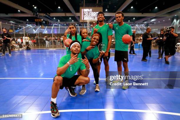 Christopher Jefferson, Tetona Jackson, Perri Camper, Karen Obilom, RJ Walker and Jelani Winston play in the 2019 BET Experience Celebrity Dodgeball...