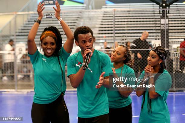 Karen Obilom, Jelani Winston, Perri Camper and Tetona Jackson speak during the 2019 BET Experience Celebrity Dodgeball Game at Staples Center on June...