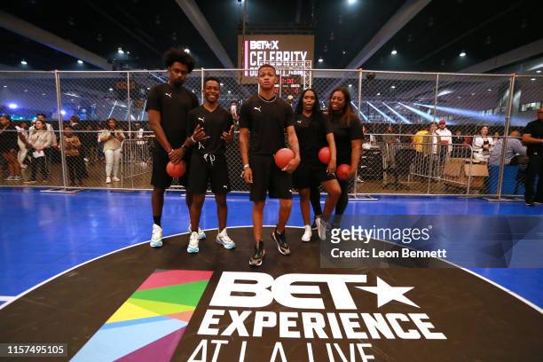 Echo Kellum, Dante Brown, YK Osiris, Nafessa Williams, and Grace "Spice" Hamilton attend the 2019 BET Experience Celebrity Dodgeball Game at Staples...