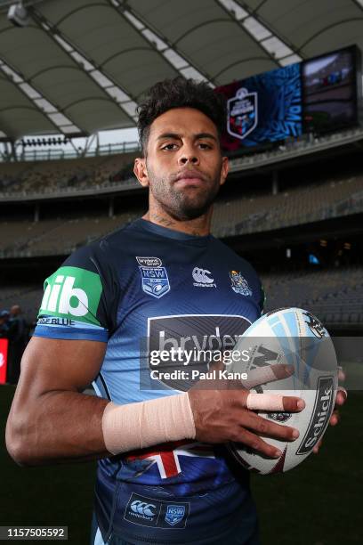 Josh Addo-Carr poses during a New South Wales Blues State of Origin captain's run at Optus Stadium on June 22, 2019 in Perth, Australia.