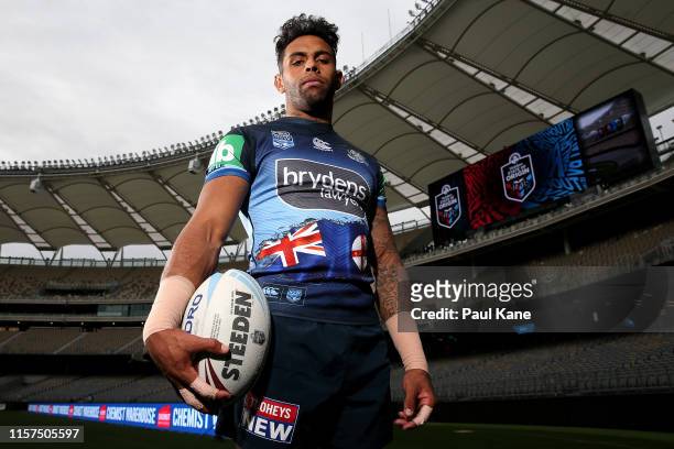Josh Addo-Carr poses during a New South Wales Blues State of Origin captain's run at Optus Stadium on June 22, 2019 in Perth, Australia.