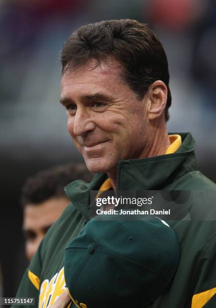 Bob Melvin, today named interim manager of the Oakland Athletics, stands for the National Anthem before a game against the Chicago White Sox at U.S....