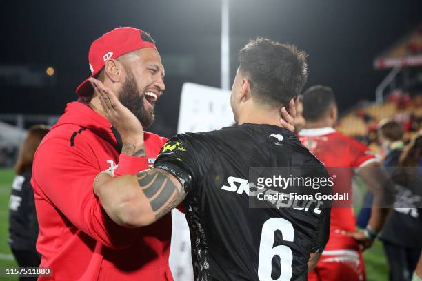 Manu Vatuvei and Shaun Johnson after the game during the Oceania league test between the Kiwis and Mate Ma'a Tonga at Mt Smart Stadium on June 22,...