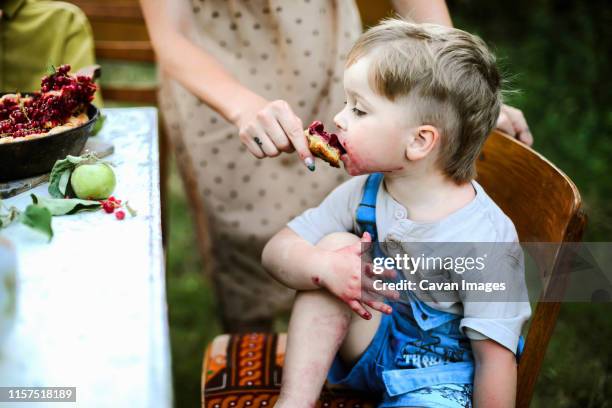 cropped hand of mother feeding sweet pie to son sitting on chair - blueberry pie isolated stock pictures, royalty-free photos & images