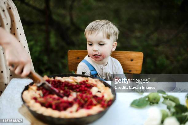 adorable little boy eating sweet cherry  pie in yard in summertime - man eating pie stock-fotos und bilder