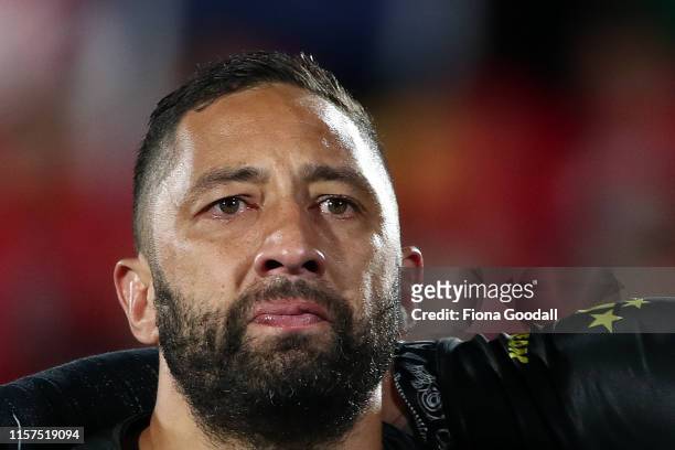 An emotional Benji Marshall of the Kiwis during the Oceania league test between the Kiwis and Mate Ma'a Tonga at Mt Smart Stadium on June 22, 2019 in...