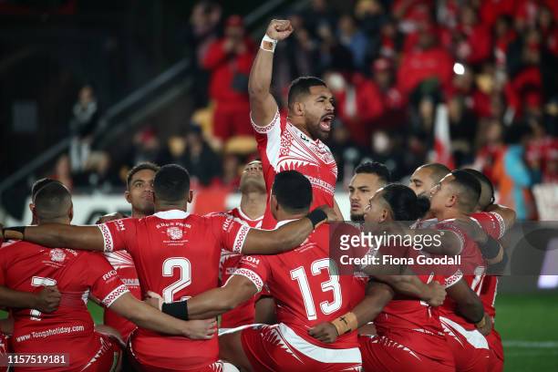 The Tongan team challenge during the Oceania league test between the Kiwis and Mate Ma'a Tonga at Mt Smart Stadium on June 22, 2019 in Auckland, New...