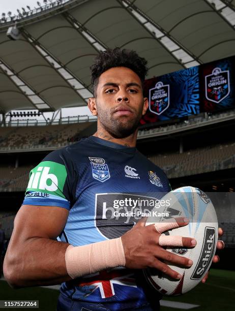 Josh Addo-Carr poses during a New South Wales Blues State of Origin captain's run at Optus Stadium on June 22, 2019 in Perth, Australia.