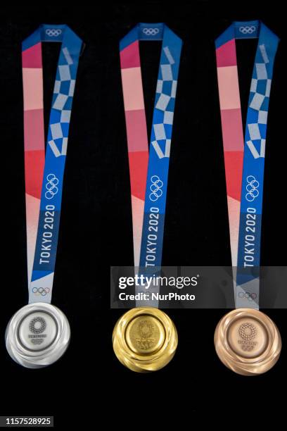 The silver, gold and bronze medals are unveiled in the Tokyo 2020 medal design unveiling ceremony during Tokyo 2020 Olympic Games &quot;One Year To...