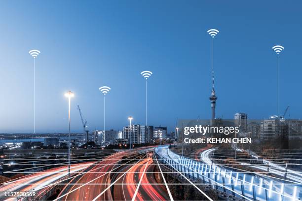 aerial view of technology city network 5g big data in auckland new zealand - new zealand connected stockfoto's en -beelden