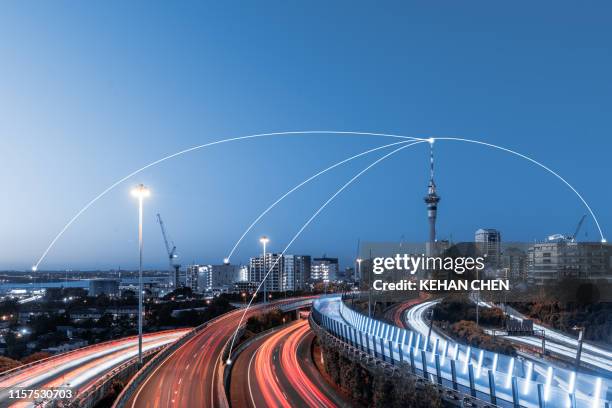 aerial view of technology city network 5g big data in auckland new zealand - new zealand connected fotografías e imágenes de stock