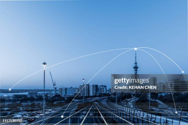 aerial view of technology city network 5g big data in auckland new zealand - new zealand connected fotografías e imágenes de stock