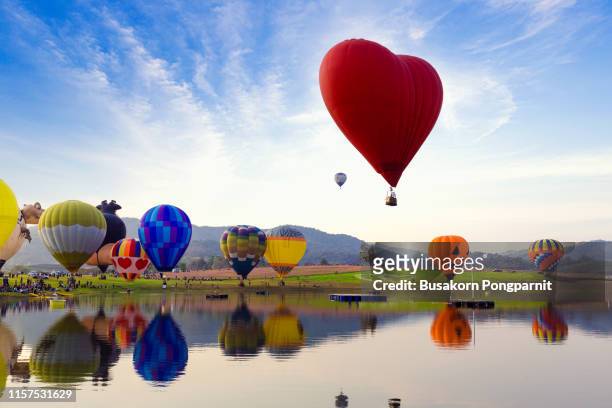 balloon festival, landscape view and sunset. - ballon festival stock-fotos und bilder
