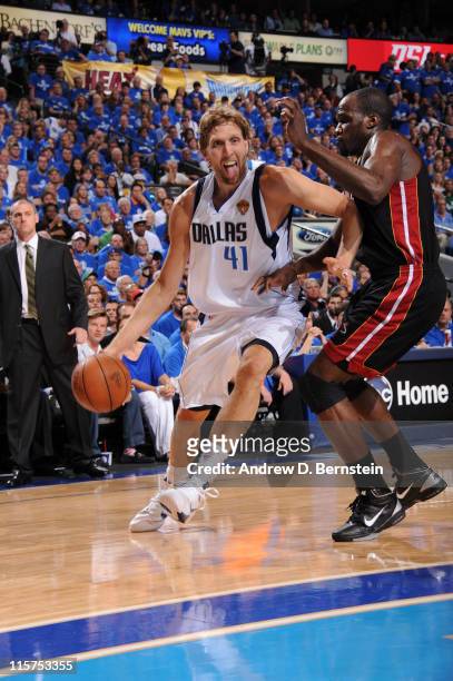 Dirk Nowitzki of the Dallas Mavericks drives to the basket against Joel Anthony of the Miami Heat during Game Five of the 2011 NBA Finals on June 9,...