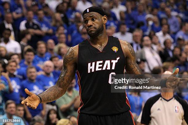 LeBron James of the Miami Heat reacts in the second quarter while taking on the Dallas Mavericks in Game Five of the 2011 NBA Finals at American...