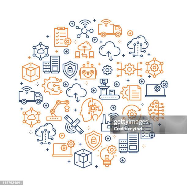 industrie 4.0 pattern design - bunte liniensymbole im kreis angeordnet - kommerzielle herstellung stock-grafiken, -clipart, -cartoons und -symbole