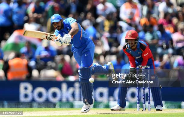 Vijay Shankar of India bats during the Group Stage match of the ICC Cricket World Cup 2019 between India and Afghanistan at The Hampshire Bowl on...