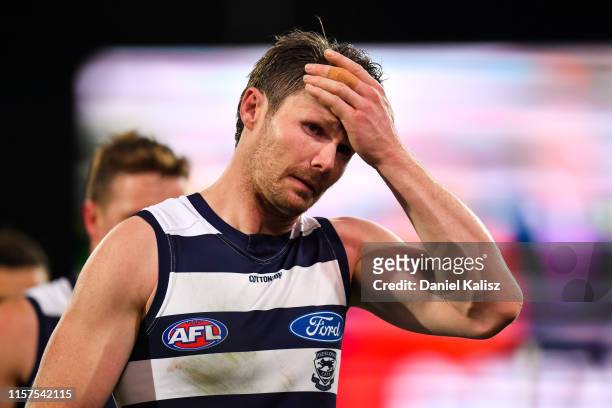 Patrick Dangerfield of the Cats walks from the ground at half time during the round 14 AFL match between the Port Adelaide Power and the Geelong Cats...