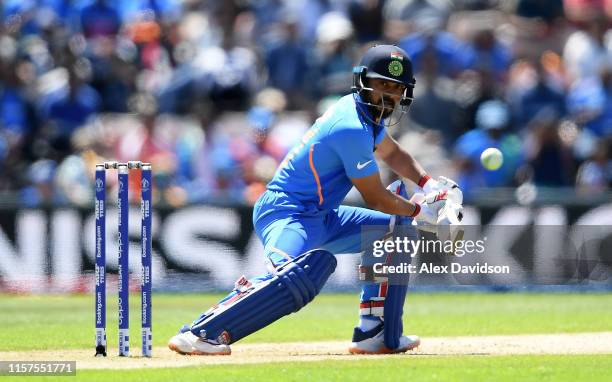 Kedar Jadhav of India bats during the Group Stage match of the ICC Cricket World Cup 2019 between India and Afghanistan at The Hampshire Bowl on June...