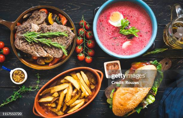 many different various dishes top view - soup and sandwich stock pictures, royalty-free photos & images