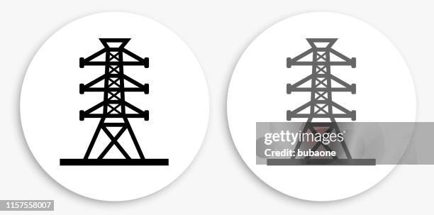 power line black and white round icon - electricity pylon stock illustrations