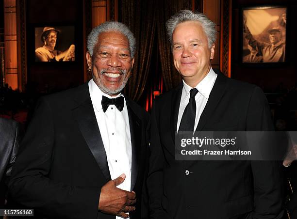 39th Life Achievement Award recipient Morgan Freeman and Actor Tim Robbins in the audience at the 39th AFI Life Achievement Award honoring Morgan...