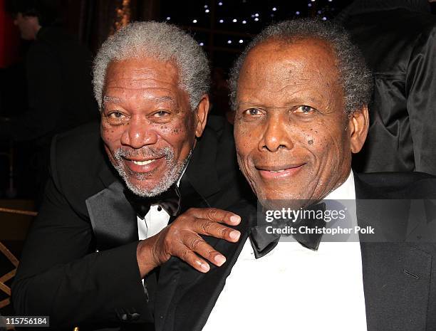 39th Life Achievement Award recipient Morgan Freeman and actor Sidney Poitier in the audience at the 39th AFI Life Achievement Award honoring Morgan...