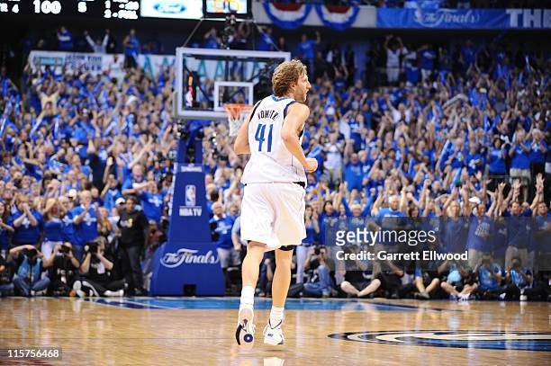 Dirk Nowitzki of the Dallas Mavericks looks on against the Miami Heat during Game Five of the 2011 NBA Finals on June 9, 2011 at the American...