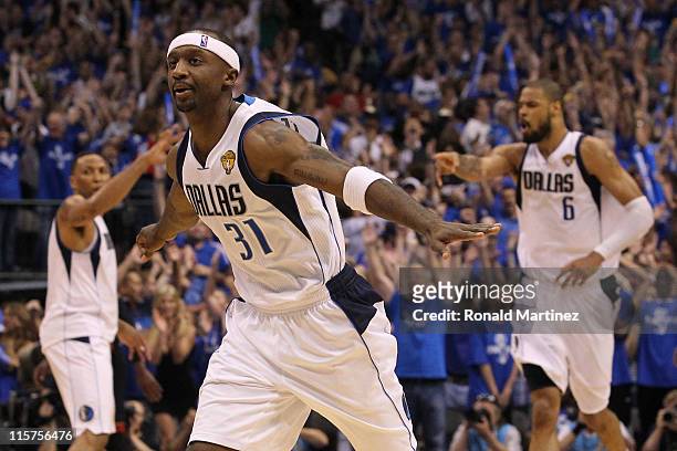 Jason Terry of the Dallas Mavericks reacts after he made a 3-point shot late in the fourth quarter against the Miami Heat in Game Five of the 2011...