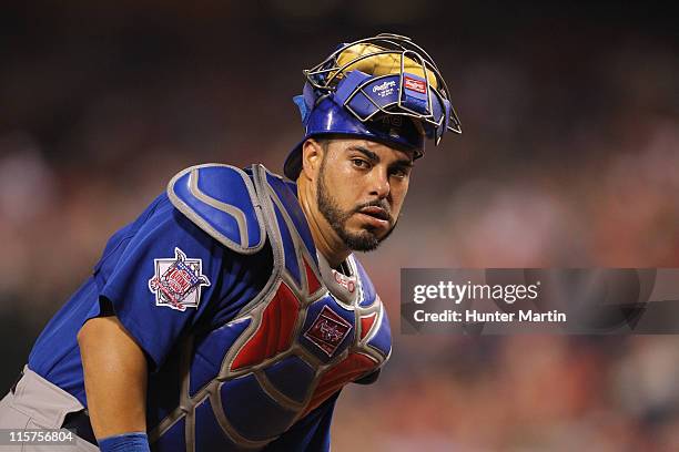 Catcher Geovany Soto of the Chicago Cubs stands on the field during a game against the Philadelphia Phillies at Citizens Bank Park on June 9, 2011 in...