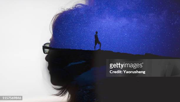 double exposure concept: woman thinking future,a man explore the night galaxy - discovery abstract stock pictures, royalty-free photos & images