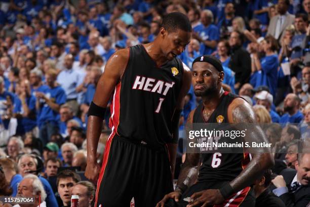 Chris Bosh talks to LeBron James of the Miami Heat during Game Five of the 2011 NBA Finals against the Dallas Mavericks on June 09, 2011 at the...