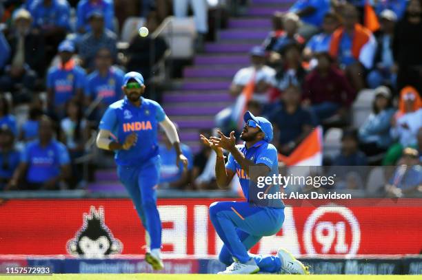 Vijay Shankar of India takes the catch of Gulbadin Naib of Afghanistan during the Group Stage match of the ICC Cricket World Cup 2019 between India...