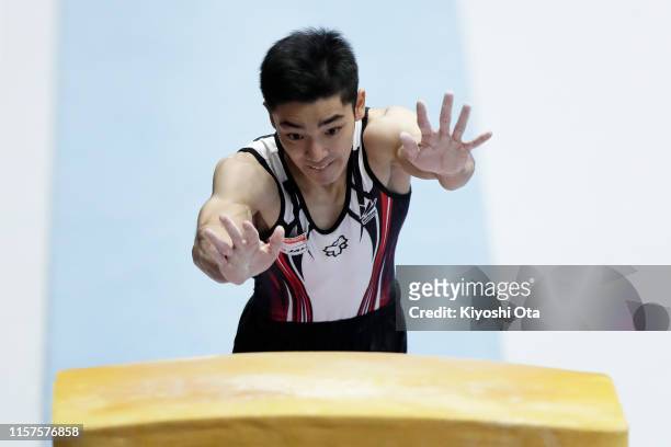 Kenzo Shirai competes in the Men's Vault qualifying round on day one of the 73rd All Japan Artistic Gymnastics Apparatus Championships at Takasaki...