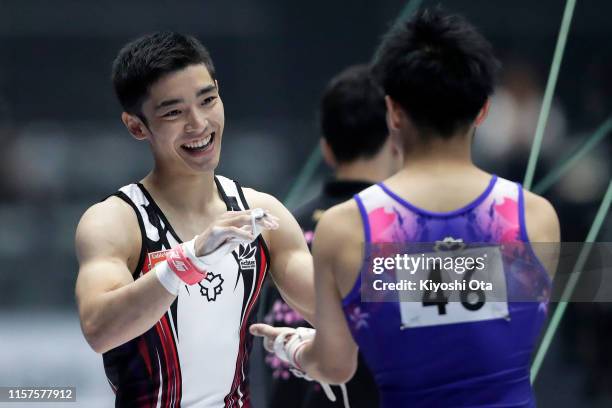 Kenzo Shirai reacts after competing in the Men's Horizontal Bar qualifying round on day one of the 73rd All Japan Artistic Gymnastics Apparatus...