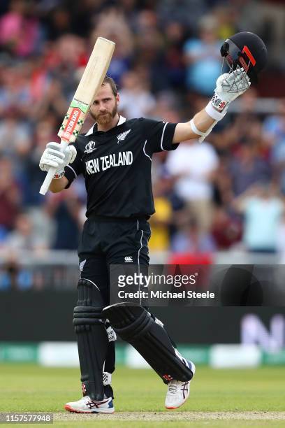 Kane Williamson of New Zealand celebrates reaching his century during the Group Stage match of the ICC Cricket World Cup 2019 between West Indies and...