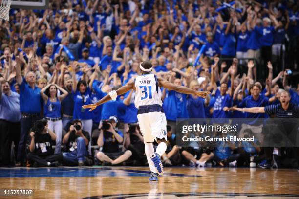 Jason Terry of the Dallas Mavericks reacts after hitting a three point shot against the Miami Heat during Game Five of the 2011 NBA Finals on June 9,...