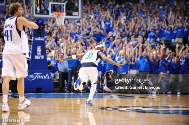 Jason Terry of the Dallas Mavericks reacts after hitting a three point shot against the Miami Heat during Game Five of the 2011 NBA Finals on June 9,...